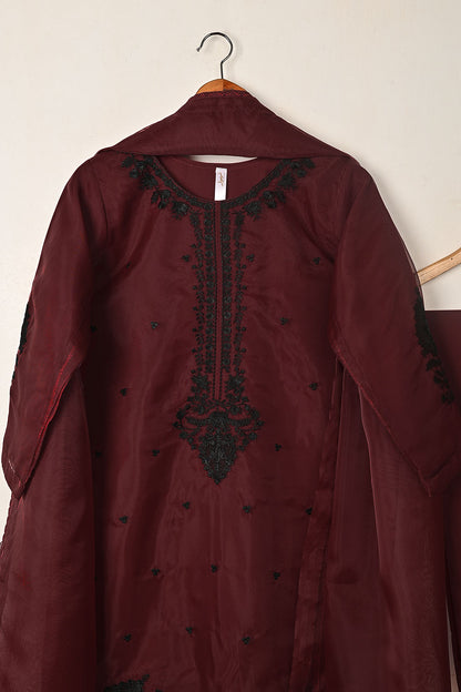 RTW-334-Maroon -  3Pc Ready to Wear Embroidered Organza Dress