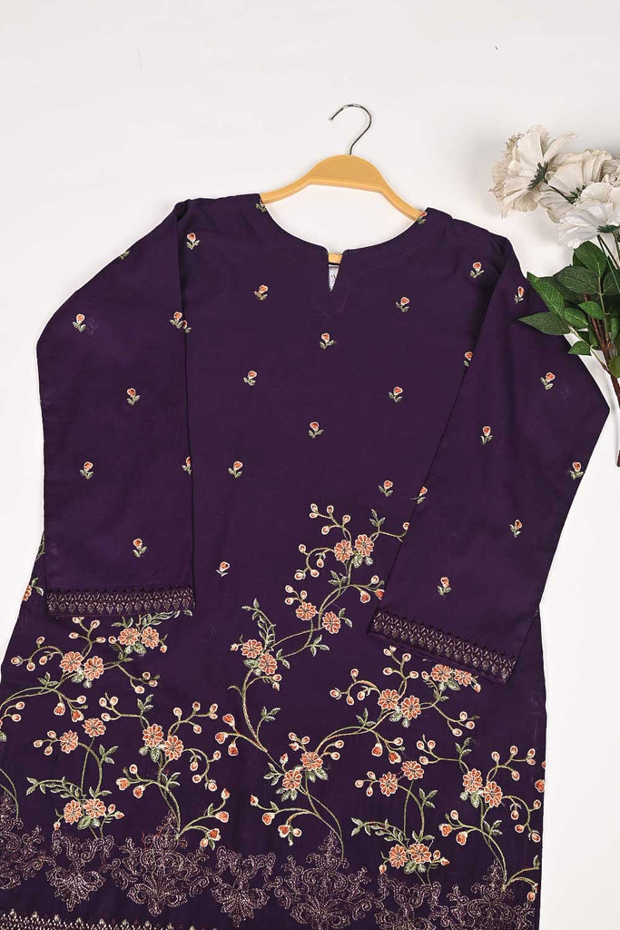 3SP-18B-Purple - 3PC COTTON EMBROIDERED Dress With Chiffon Embroidered Dupatta