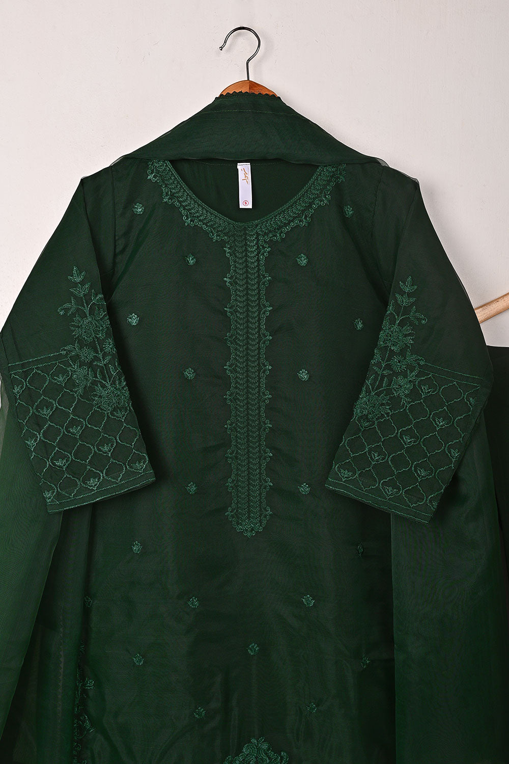 RTW-319-Bottle Green -  3Pc Ready to Wear Embroidered Organza Dress