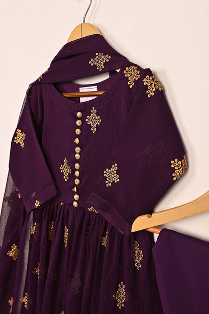 TKF-162-Purple - Kids 3Pc Chiffon Embroidered Frock