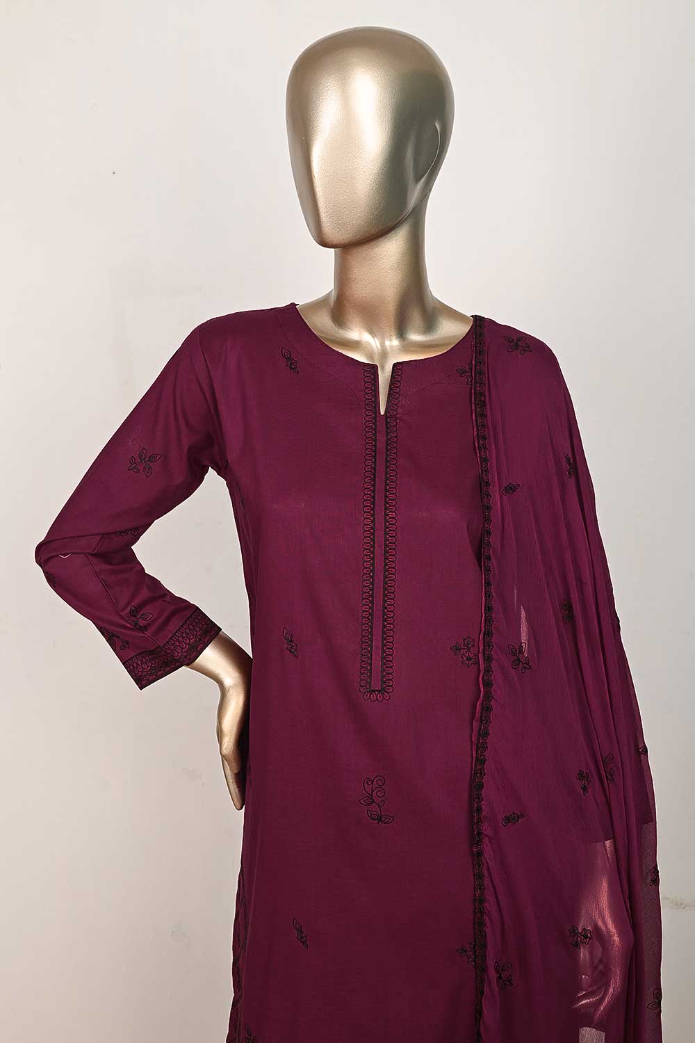 3SP-19A-Magenta - 3PC COTTON EMBROIDERED Dress With Chiffon Embroidered Dupatta