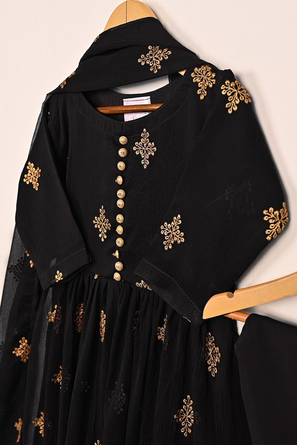 TKF-185-Black - Kids 3Pc Chiffon Embroidered Frock