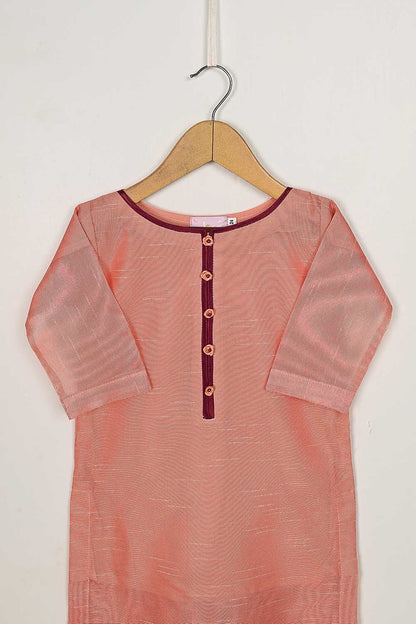 TKF-54-Peach - Kids 3Pc  Javeria Net Dress With Malai Trouser Stitched