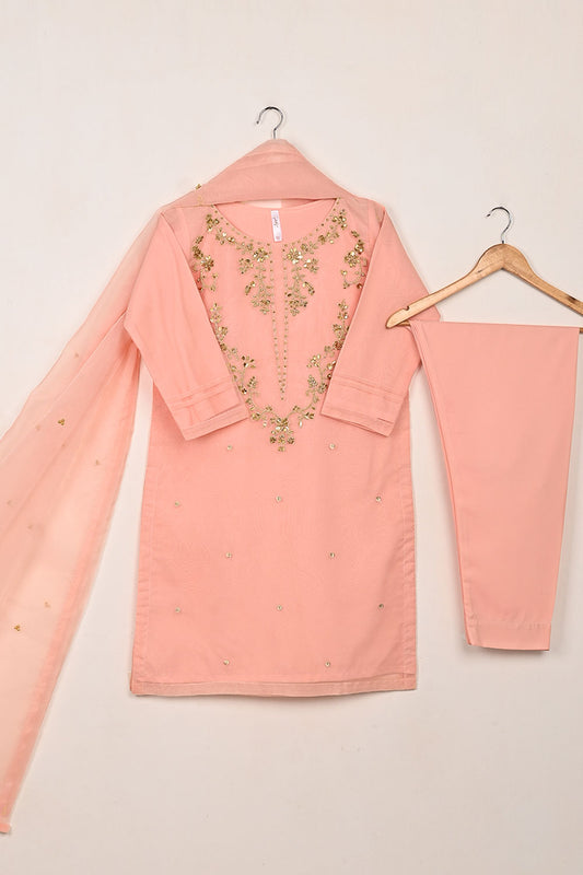 RTW-271-Peachy Pink - 3Pc Ready to Wear Embroidered Premium Adda Work Organza Dress