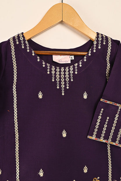 TKF-129-Purple- Kids 2Pc Cambric Embroidered Dress