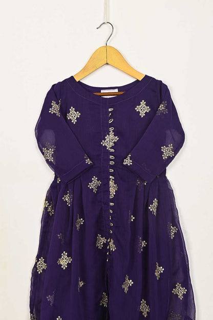 TKF-93-Purple - Kids 3Pc Chiffon Embroidered Frock