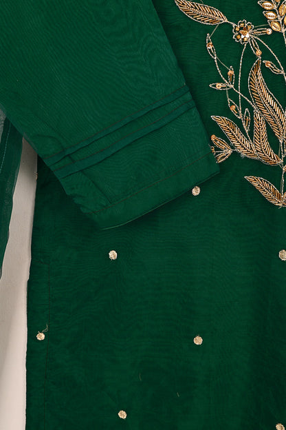 RTW-238-Green - 3Pc Ready to Wear Embroidered Premium Adda Work Organza Dress