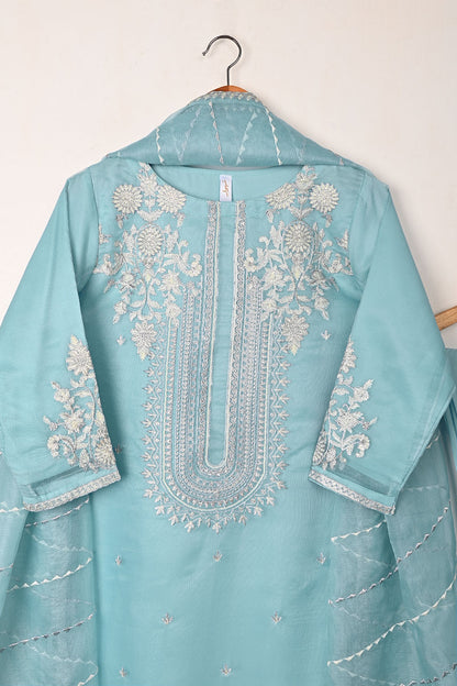 RTW-192-SkyBlue - 3Pc Ready to Wear 3Pc Javeria Net Embroidered  Dress