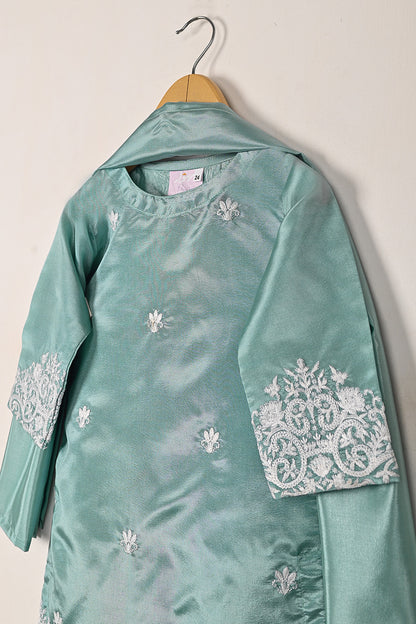 TKF-273-Cyan - Kids 3Pc Ready to Wear Silk Embroidered Dress