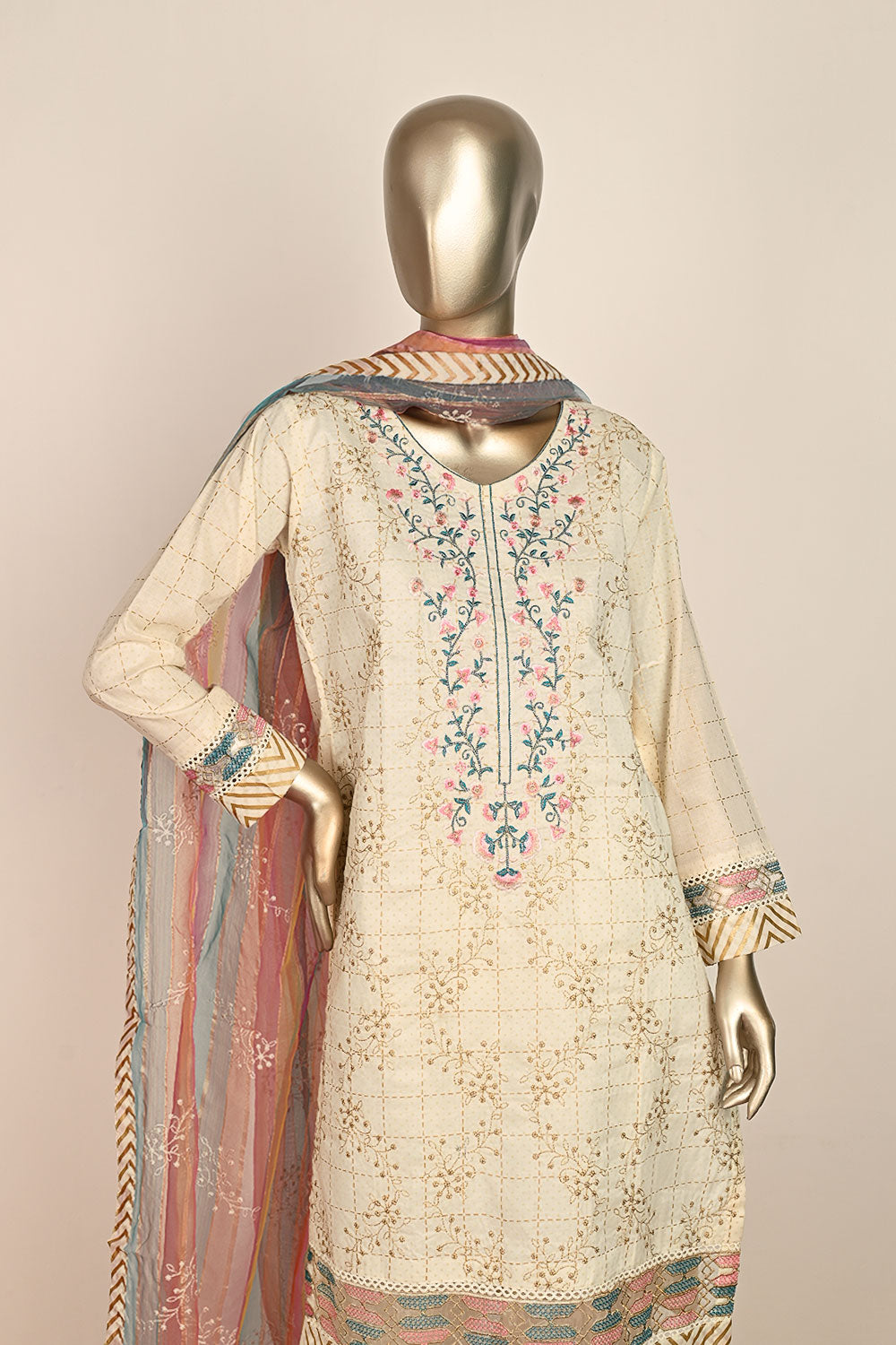 3SP-21B-Cream- 3PC COTTON EMBROIDERED Dress With Printed Organza Dupatta