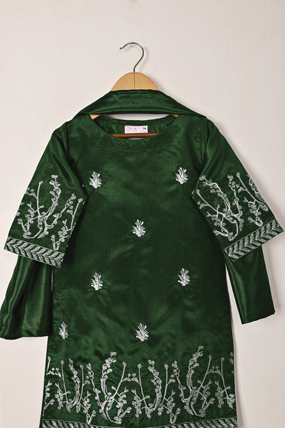 TKF-272-Bottle Green - Kids 3Pc Ready to Wear Silk Embroidered Dress