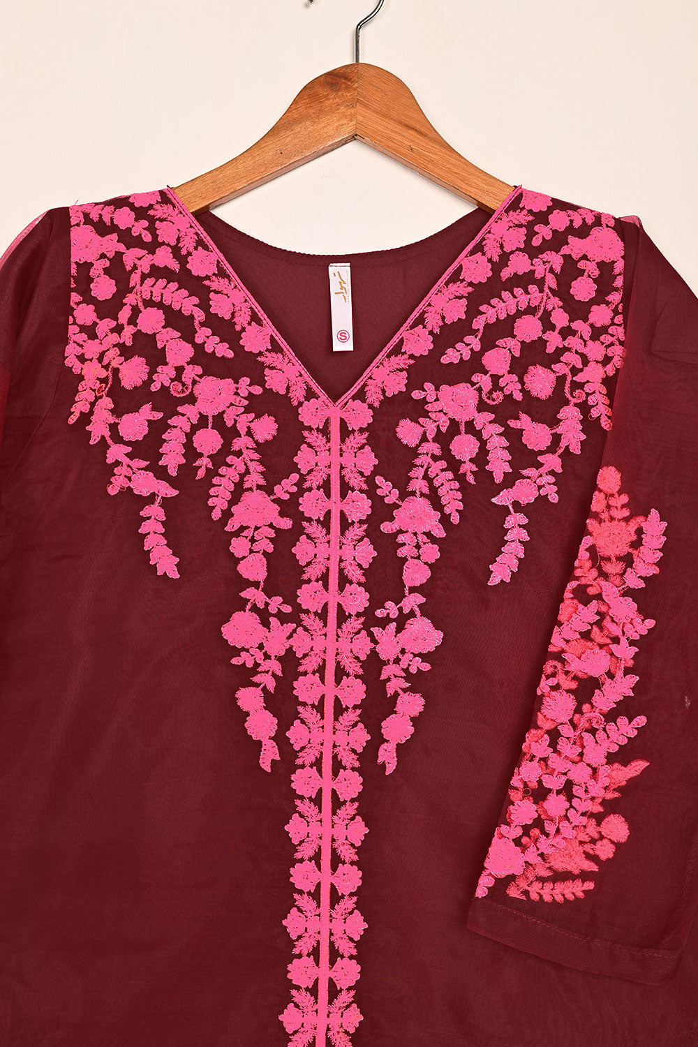 STP-064E-Maroon - 2PC READY TO WEAR PREMIUM EMBROIDERED ORGANZA