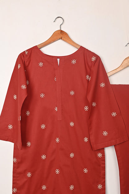 STP-248B-Red  - 2Pc Ready to Wear Embroidered Cambric Dress