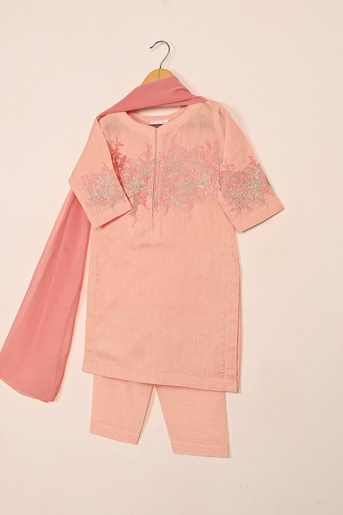 TKF-169-Peachy Pink - Kids 3Pc Paper Cotton Embroidered Shirt