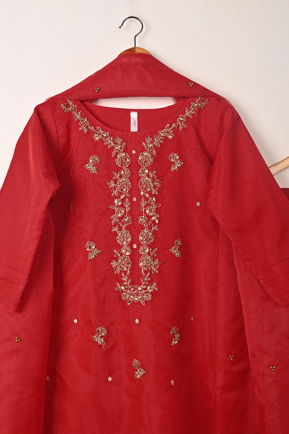 RTW-255-Red - 3Pc Ready to Wear Embroidered Premium Adda Work Organza Dress