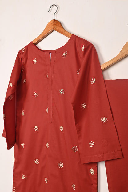 STP-248B-Red  - 2Pc Ready to Wear Embroidered Cambric Dress