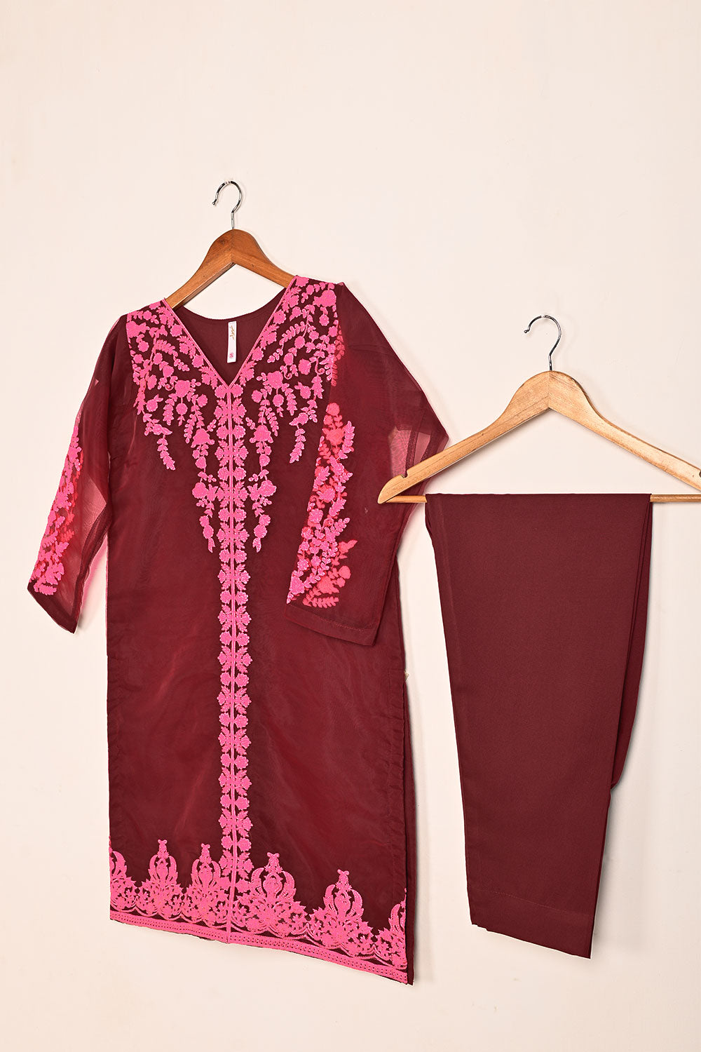 STP-064E-Maroon - 2PC READY TO WEAR PREMIUM EMBROIDERED ORGANZA