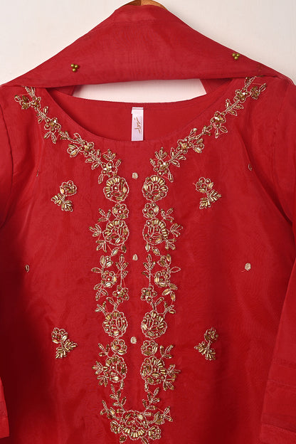 RTW-255-Red - 3Pc Ready to Wear Embroidered Premium Adda Work Organza Dress