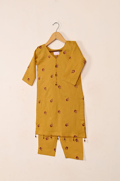 TKF-150-Mustard - Kids 2Pc Embroidered Cambric Dress