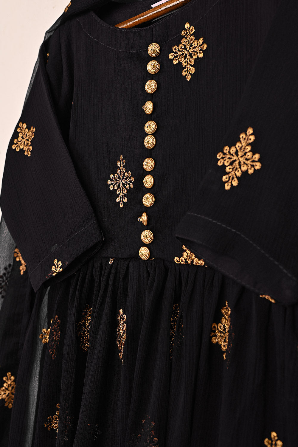 TKF-185-Black - Kids 3Pc Chiffon Embroidered Frock