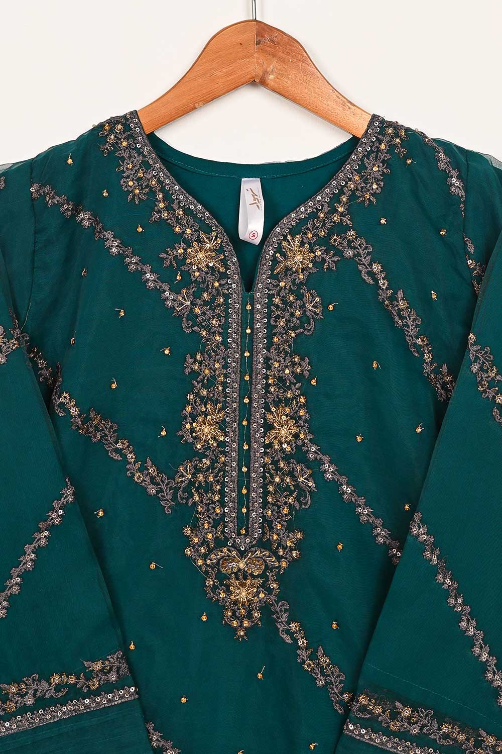 TS-235-Teal Green - Organza Embroidered Stitched Kurti