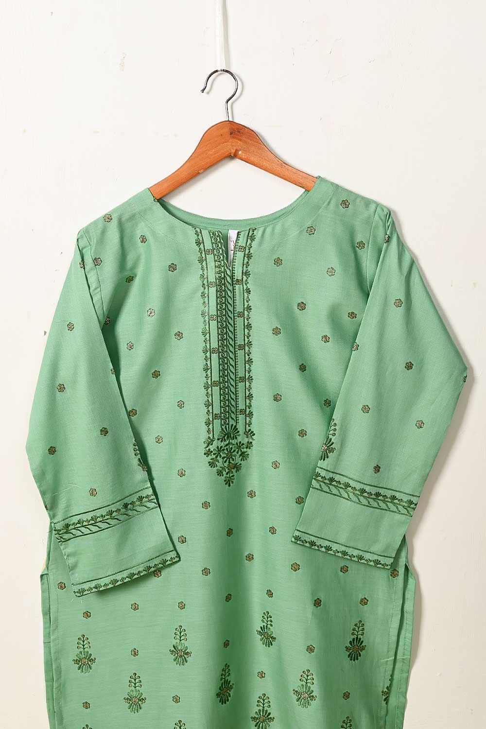 3SP-15A-Pista - 3PC COTTON EMBROIDERED Dress With Chiffon Embroidered Dupatta