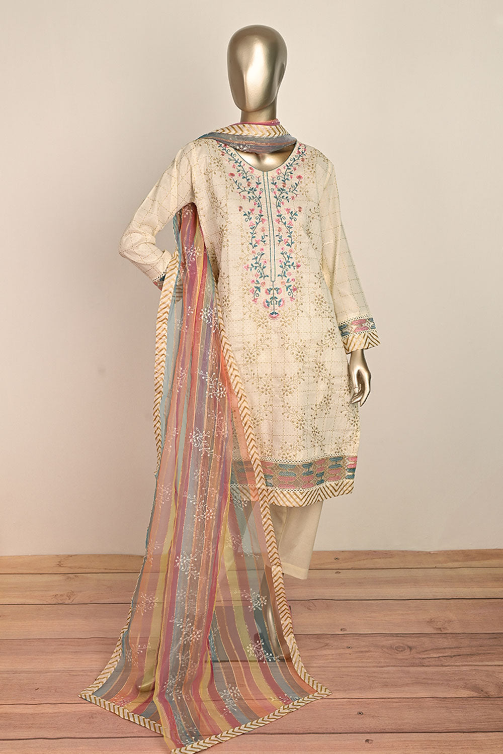 3SP-21B-Cream- 3PC COTTON EMBROIDERED Dress With Printed Organza Dupatta