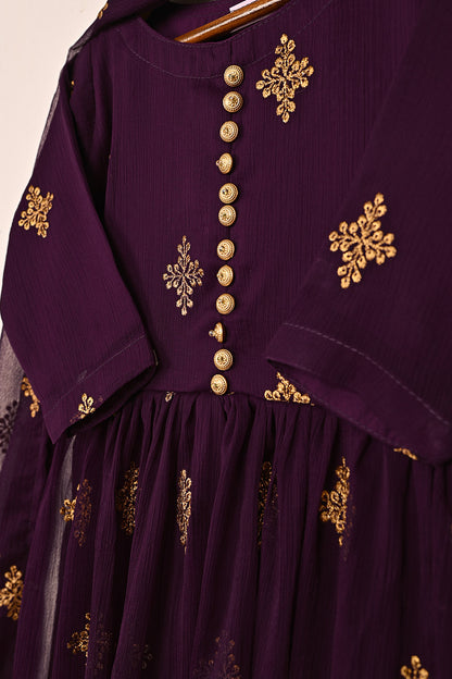 TKF-162-Purple - Kids 3Pc Chiffon Embroidered Frock