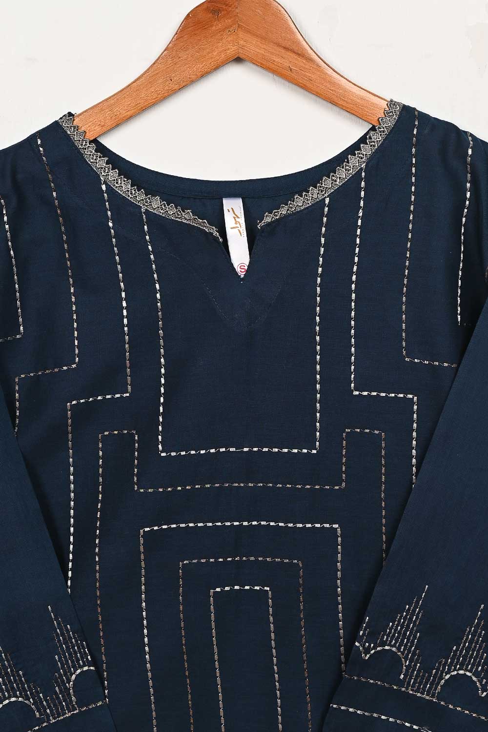 3SP-11A-NavyBlue - 3Pc Cotton Embroidered Dress With Chiffon Embroidered Dupatta