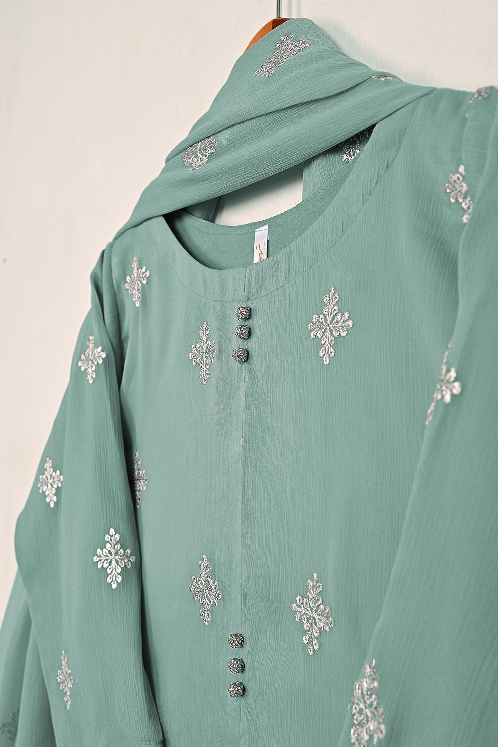 RTW-212-Cyan-  3Pc Ready to Wear Embroidered Chiffon Dress