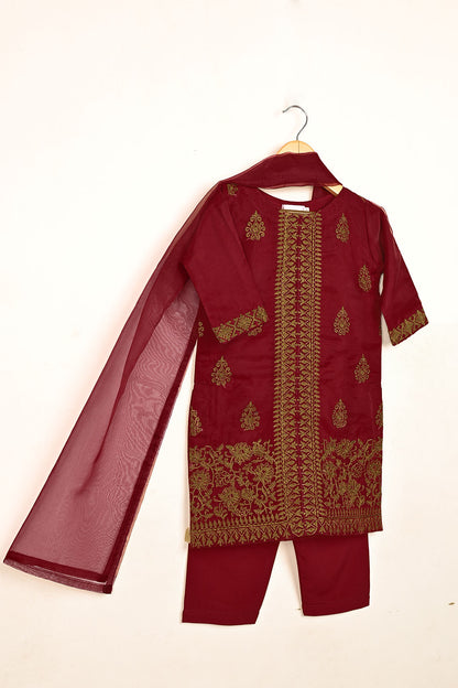 TKF-136-Maroon - Kids 3Pc Ready to Wear Organza Formal Embroidered Dress