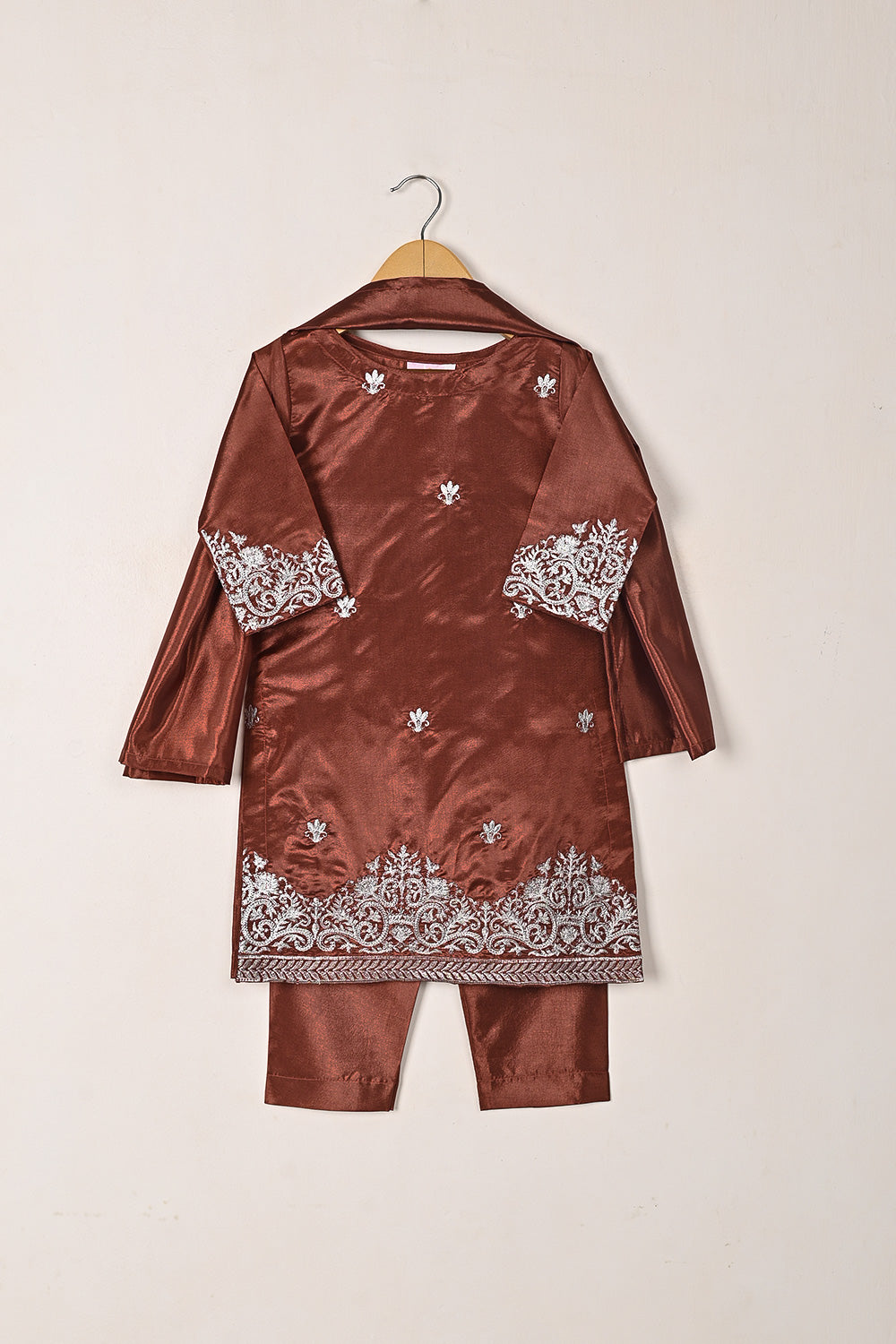 TKF-274-Rust - Kids 3Pc Ready to Wear Silk Embroidered Dress