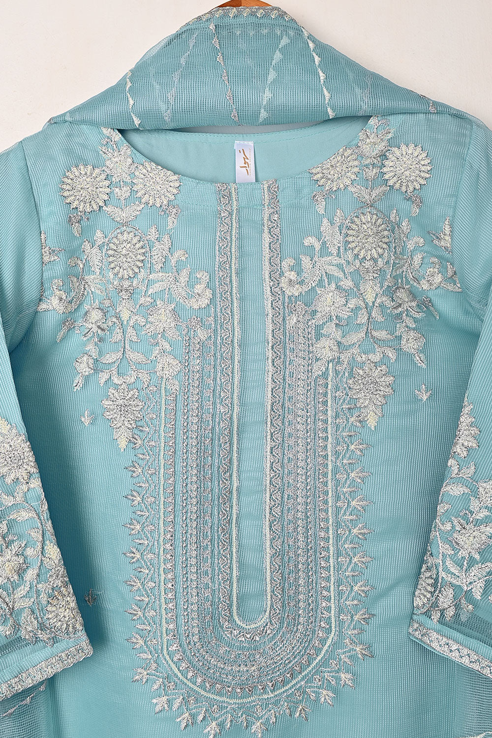 RTW-192-SkyBlue - 3Pc Ready to Wear 3Pc Javeria Net Embroidered  Dress