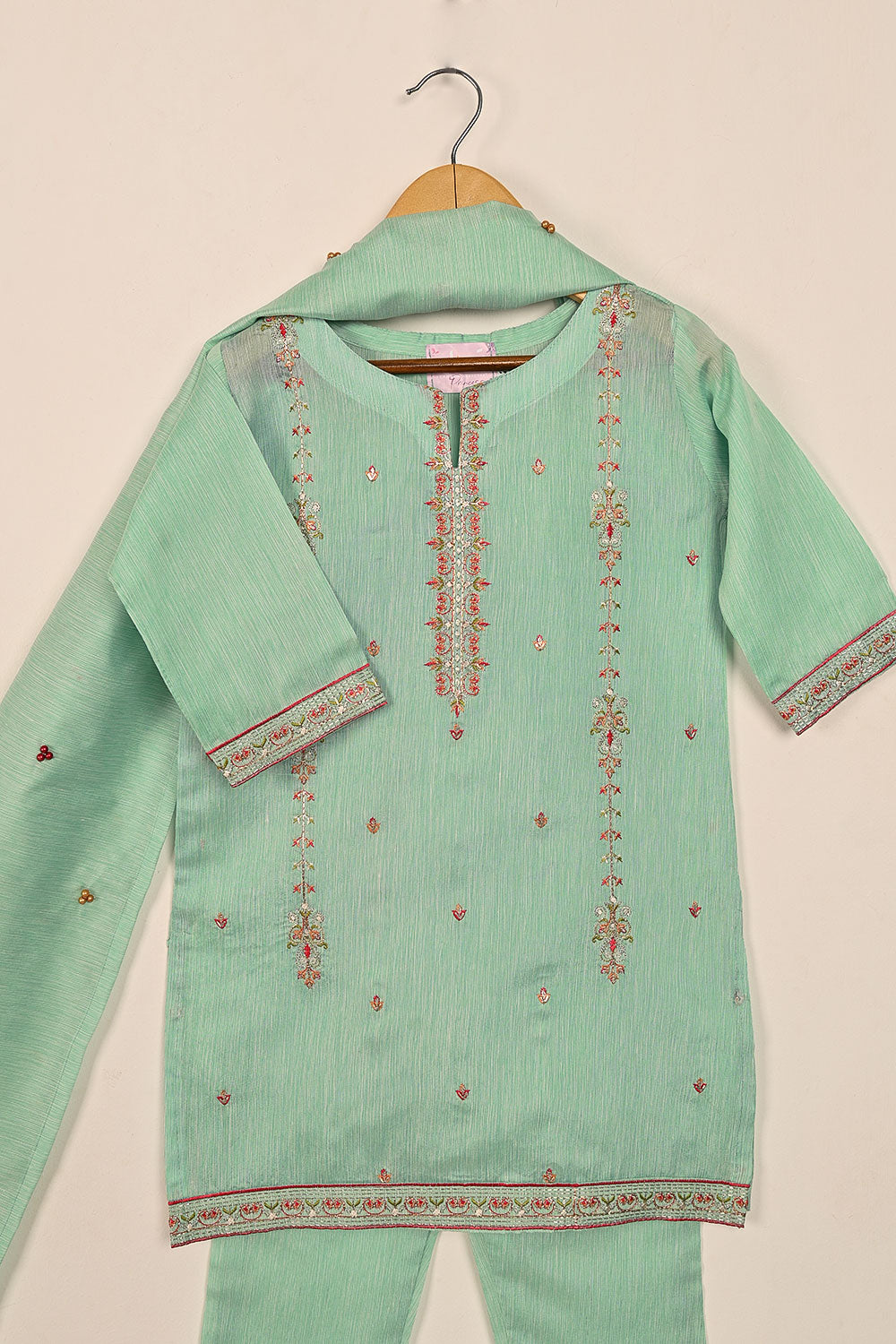 TKF-134-Sea Green - Kids 3Pc Ready to Wear Embroidered Slub Cotton Dress