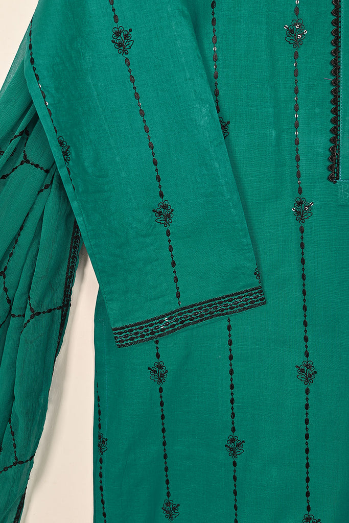 3SP-20B-Green - 3PC COTTON EMBROIDERED Dress With Chiffon Embroidered Dupatta
