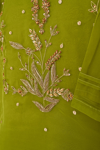 RTW-223-Mehndi - 3Pc Ready to Wear Embroidered Premium Adda Work Organza Dress