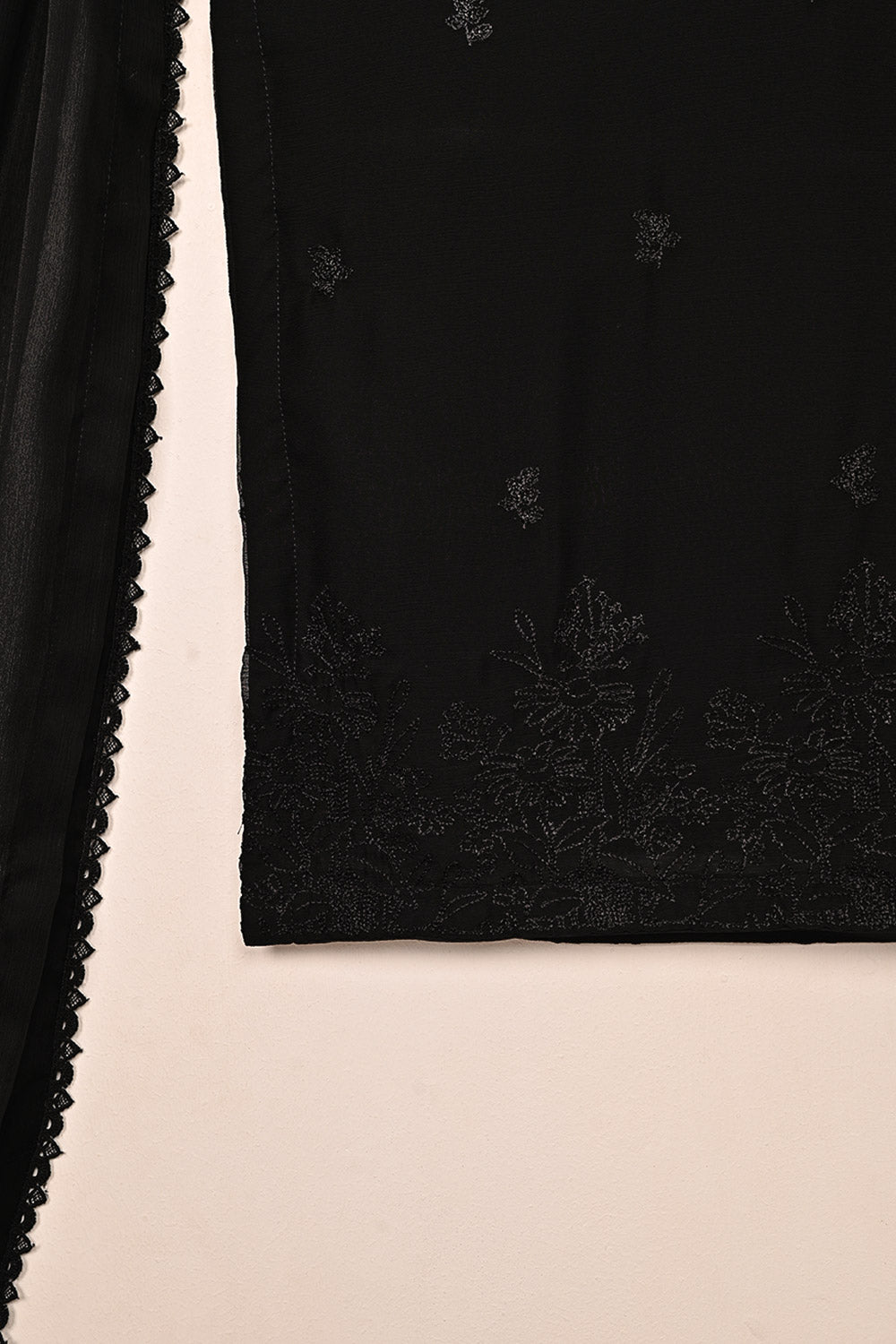 RTW-220-Black -  3Pc Ready to Wear Embroidered Chiffon Dress