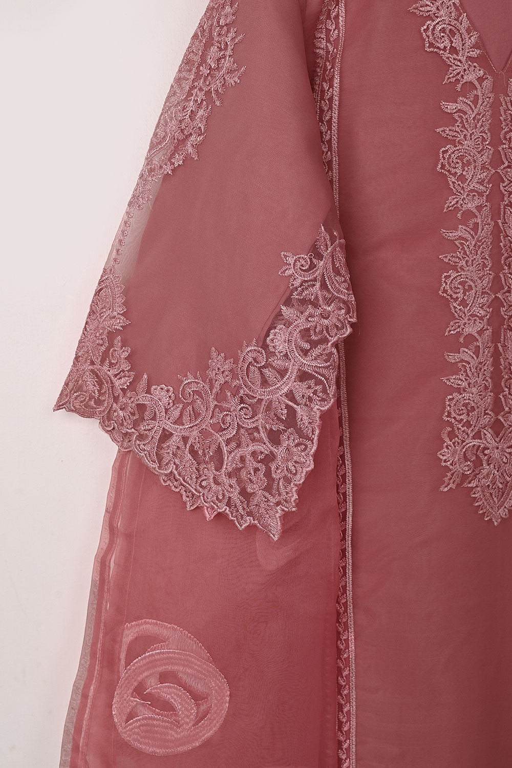 RTW-274-Tea Pink - 3Pc Ready to Wear Cut Work Embroidered Organza Dress