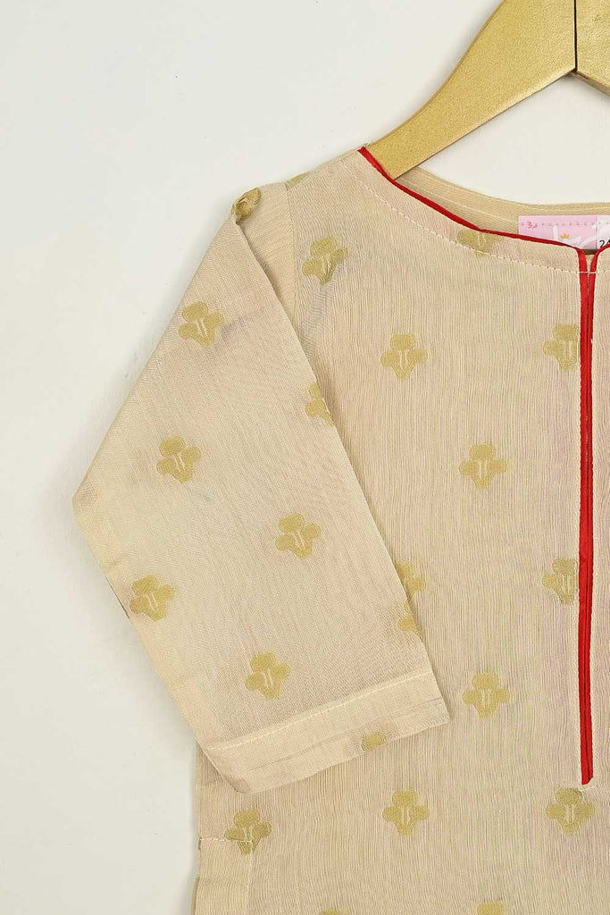 TKF-73-Skin - Kids 3Pc Jacquard Paper Cotton Dress With Malai Trouser