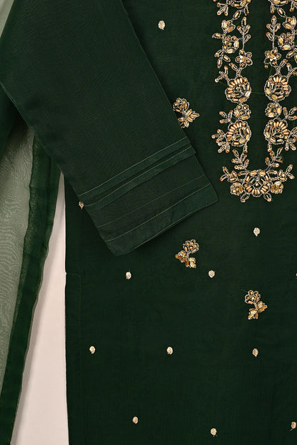 RTW-231-Green - 3Pc Ready to Wear Embroidered Premium Adda Work Organza Dress