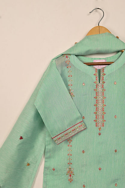 TKF-134-Sea Green - Kids 3Pc Ready to Wear Embroidered Slub Cotton Dress