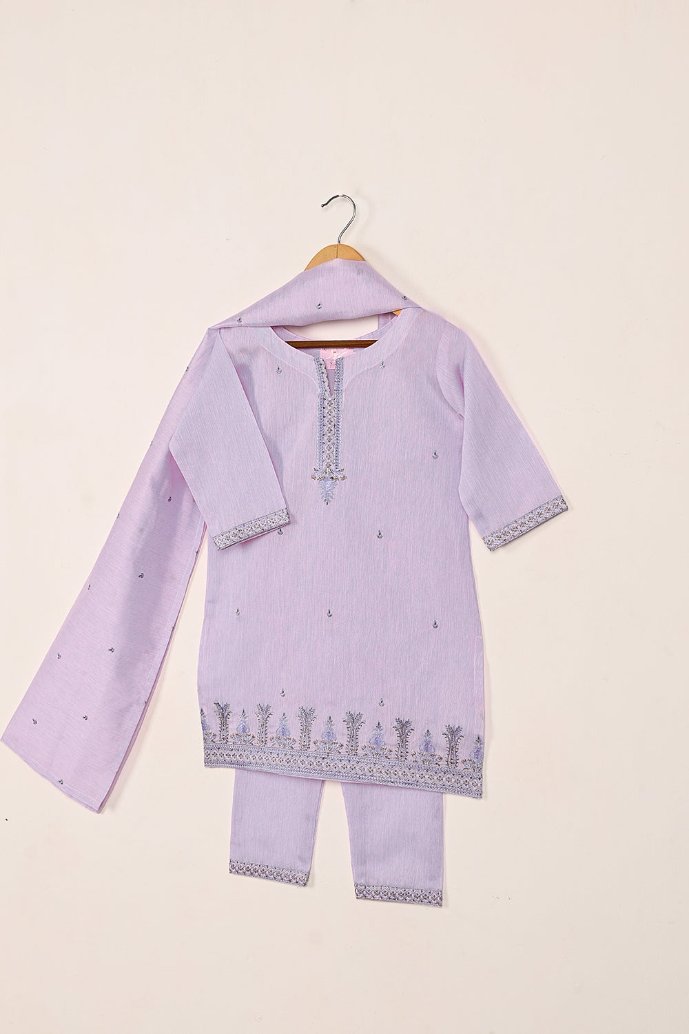 TKF-140-Purple - Kids 3Pc Ready to Wear Embroidered Paper Cotton Slub Dress