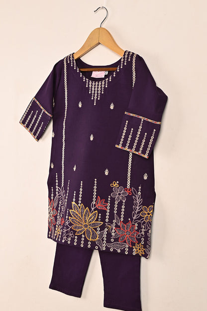 TKF-129-Purple- Kids 2Pc Cambric Embroidered Dress