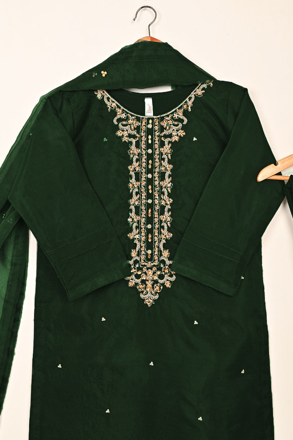 RTW-261-Bottle Green - 3Pc Ready to Wear Embroidered Premium Adda Work Organza Dress