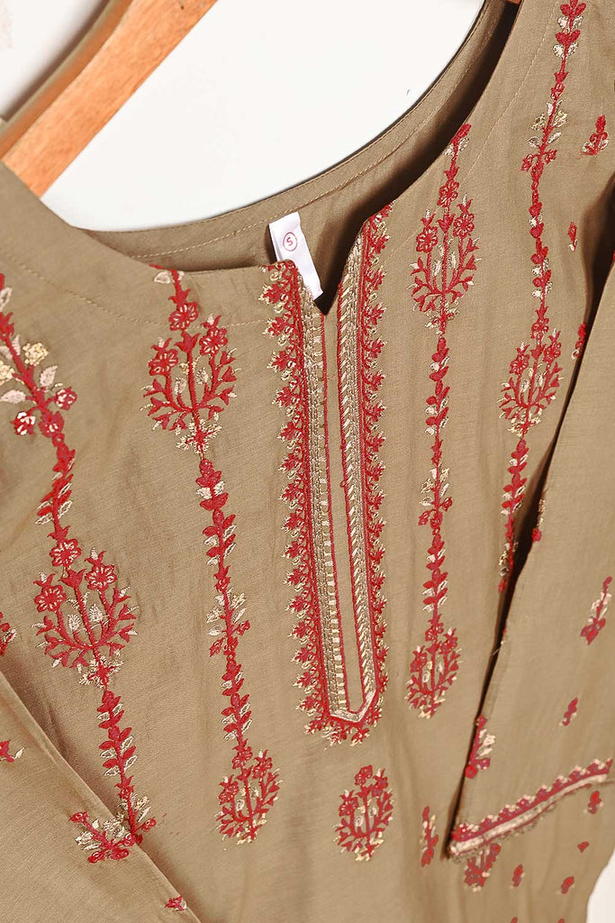 3SP-14B-Brown - 3PC COTTON EMBROIDERED Dress With Chiffon Embroidered Dupatta