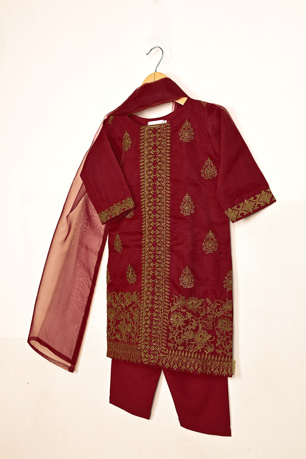 TKF-136-Maroon - Kids 3Pc Ready to Wear Organza Formal Embroidered Dress