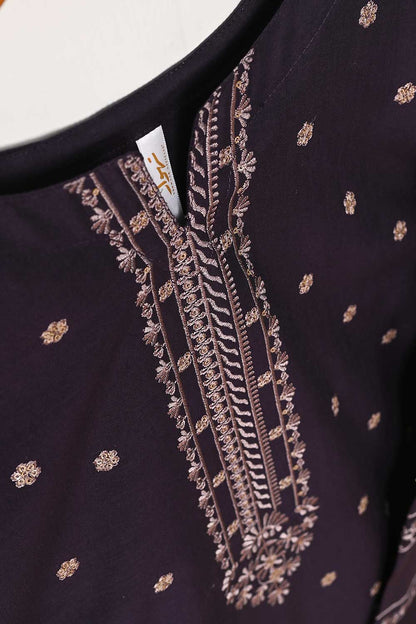 3SP-15B-DarkPurple - 3PC COTTON EMBROIDERED Dress With Chiffon Embroidered Dupatta