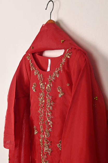 RTW-255-Red - 3Pc Ready to Wear Embroidered Premium Adda Work Organza Dress