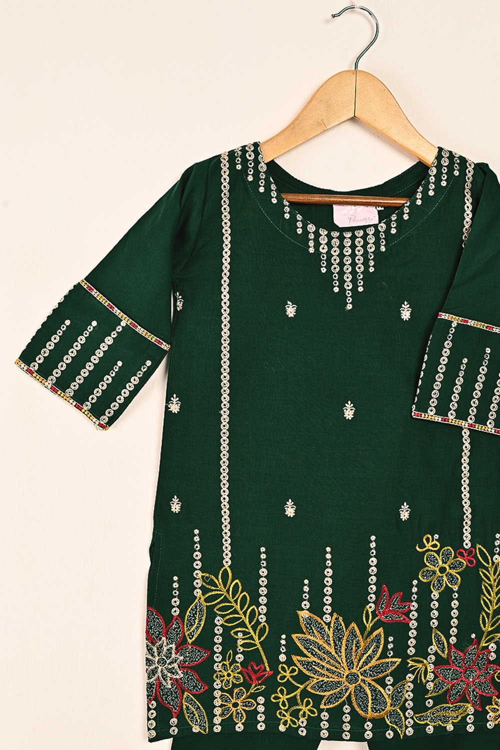 TKF-128-Green-Kids 2Pc Cambric Embroidered Dress