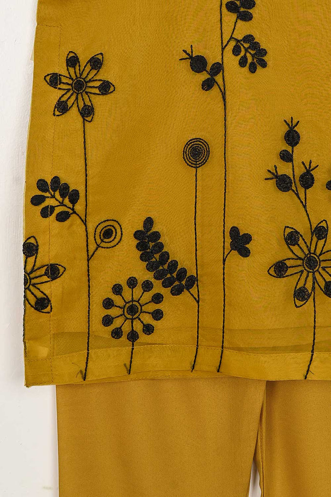 TKF-82-Mustard - Kids 3Pc Organza Formal Embroidered Dress With Malai Trouser